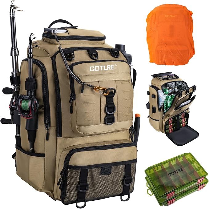 Goture 40L Fishing Tackle Backpack with Cooler Compartment Khaki, Water-Resistant Fishing Gear Bag & Rain Cover & 3600 Trays