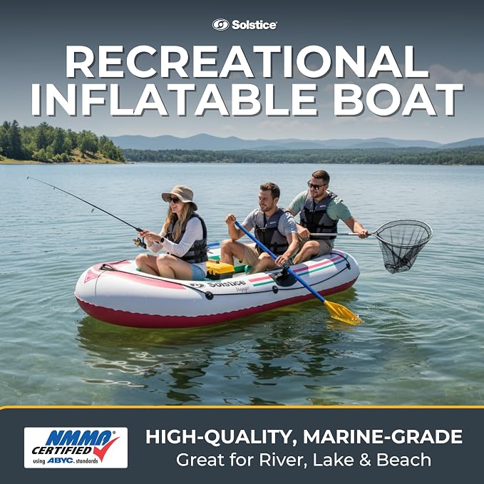 SOLSTICE Inflatable Boat for Lakes, Rivers & Beaches – Heavy-Duty Raft with Swivel Oar Locks, Grab Line & Inflatable Seat – Voyager, Full Kit Includes Oars & Pump, 3-Person, White, 7'