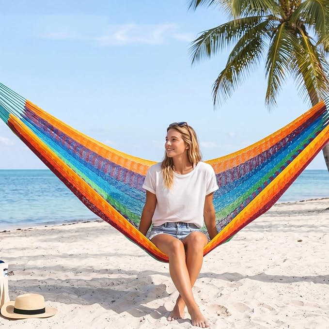 PNAEUT Handwoven Mayan Hammocks for Outside, Handwoven Thick Soft Rope Double Hammocks for Outdoor Indoor, Max 600 lbs Capacity, Tree Straps, Carabiners & Carrying Bag Included (Tropical, X-Large)