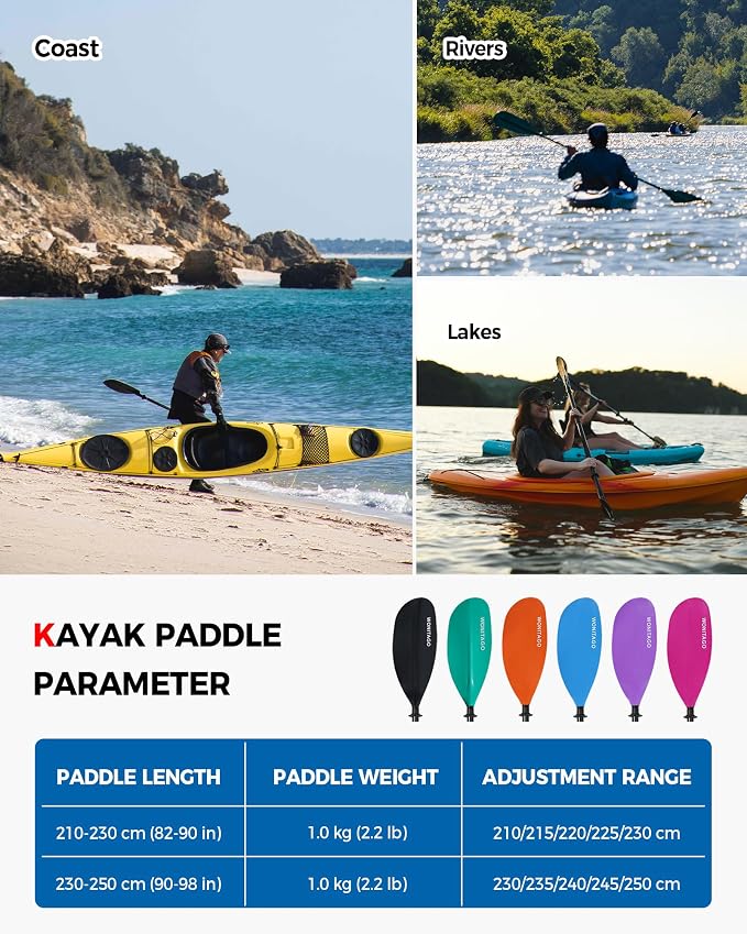Kayak Paddle Carbon Fiber Shaft and Reinforced Nylon Blade, Adjustable Kayaking Oars, 3 Piece, 230-250 cm/90-98 Inches,210-230 cm/82-90 inches
