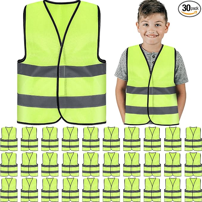 Zhanmai 30 Pcs Kids Safety Vest Bulk High Visibility Reflective Construction Vest with Strips Neon for Traffic Child Outdoor (Yellow)