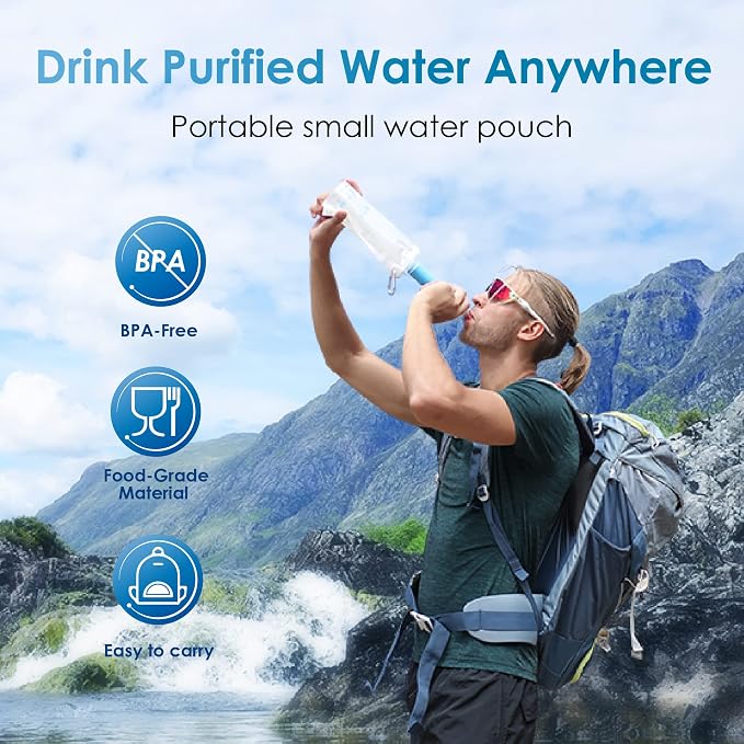 Waterdrop Water Filter Straw 4 Pack with Gravity Water Bag, Gravity Water Filtration System, Water Purifier Survival for Travel, Backpacking, 1.5 gal Bag, 0.1 Micron, 5 Stage Filtration