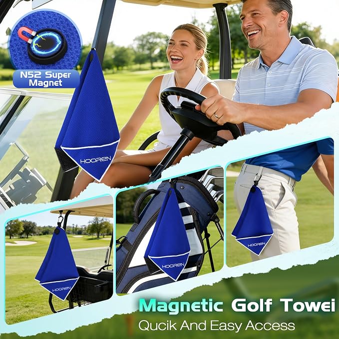 Magnetic Golf Towel with Brush & Cleaning Pocket, 4-in-1 Golf Cleaning Kit 3 Stage Cleaning System Golf Club Cleaning Kit, Microfiber Waffle Golf Accessories 15.7" X 23.6", Blue