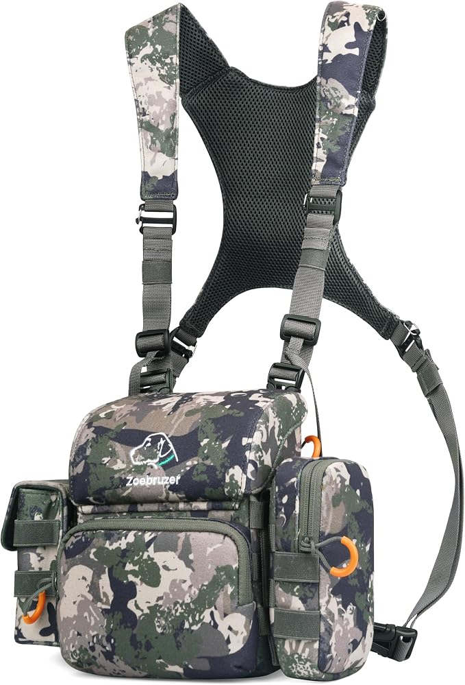 Binocular Harness Chest Pack, Bino Harness Bag with Rangefinder Pouch & Rain Cover, Molle System Multifunction Hunting Pack