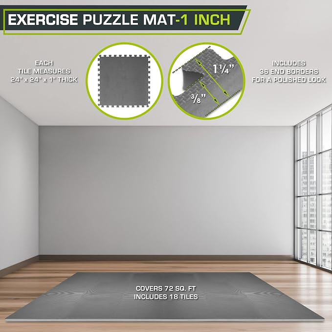 ProsourceFit Weaved Pattern Extra Thick Exercise Puzzle Mat 1-inch, EVA Foam Interlocking Tiles for Protective, Cushioned Flooring for Home and Gym Equipment; Grey, 72 SQ FT, 18 Tiles