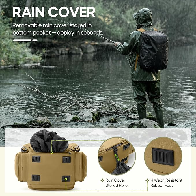 RAINSMORE Fishing Backpack, 45L Large Fishing Bag with 4 Rod Holders & Insulated Cooler Professional Fishing Tackle Backpack with Rain Cover Waterproof Tackle Bag for Men Gift, Khaki
