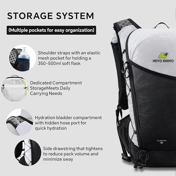 N NEVO RHINO 12L Hydration Backpack with 2 TPU 17oz / 500ML Soft Flasks, Lightweight Running Vest for Women & Men, Running Backpack for Trail Running Marathon Hiking