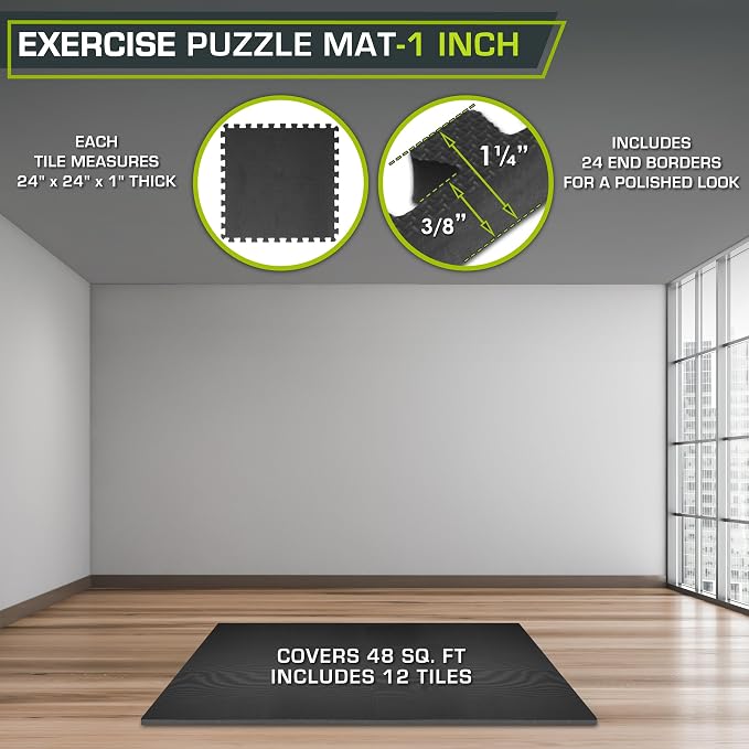 ProsourceFit Weaved Pattern Extra Thick Exercise Puzzle Mat 1-inch, EVA Foam Interlocking Tiles for Protective, Cushioned Flooring for Home and Gym Equipment; Black, 48 SQ FT, 12 Tiles