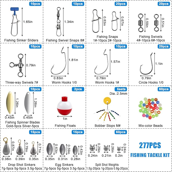277pcs Fishing Accessories Kit, Fishing Tackle Box with Fishing Hooks Weights Swivels Snaps Sinker Slides Spinner Blade Bobber Stop Floats Beads for Bass Bluegill Crappie Saltwater Freshwater Fishing