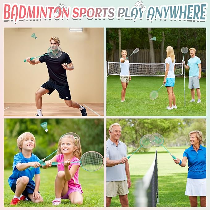 Badminton Rackets Set of 4 for Outdoor Backyard Games,Including 4 Rackets, 6 Nylon Shuttlecocks, 4 Replacement Grip Tapes and 1 Carrying Bag, Lightweight Badminton Racquets for Kids Adults Beginners