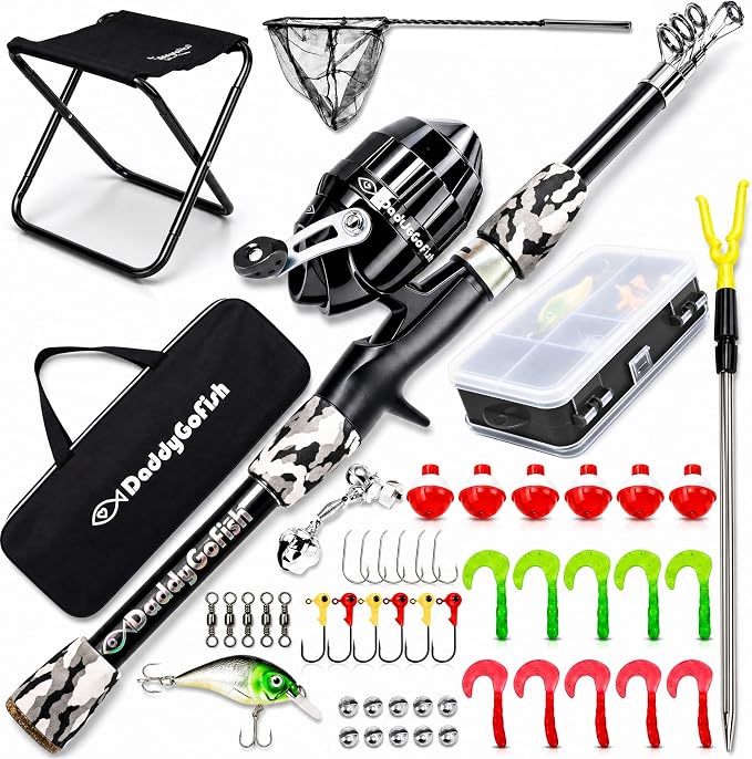 DaddyGoFish Kids Fishing Pole - Rod Reel Combo Tackle Box Starter Set - First Year Small Dock Gear Kit for Boys Girls Toddler Youth Age Beginner Little Children Junior Anglers