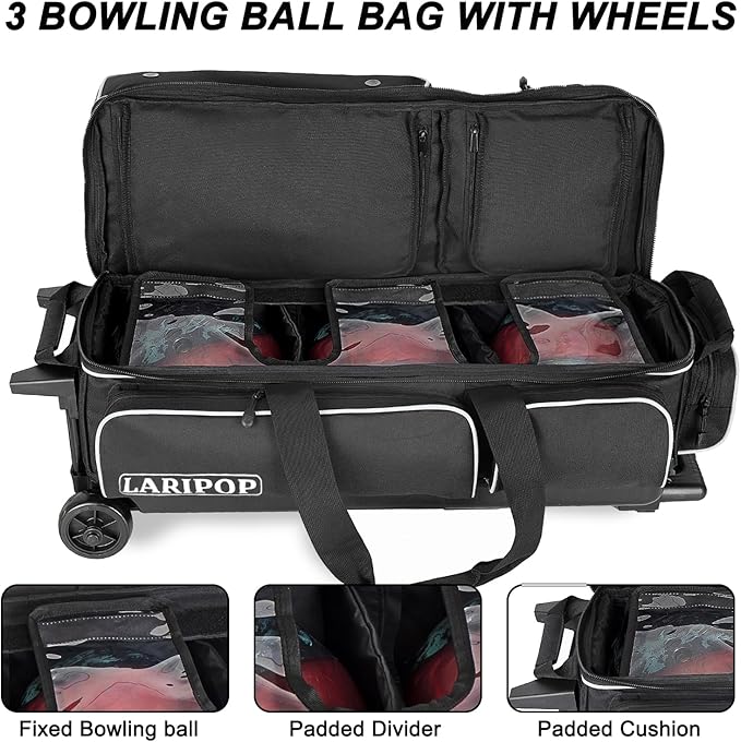 LARIPOP 3 Ball Bowling Bag with Wheels and Shoe Compartment, Rolling Bowling Bag for 3 Balls, Heavy Duty Bowling Roller Bag with Retractable Handle for Men Women
