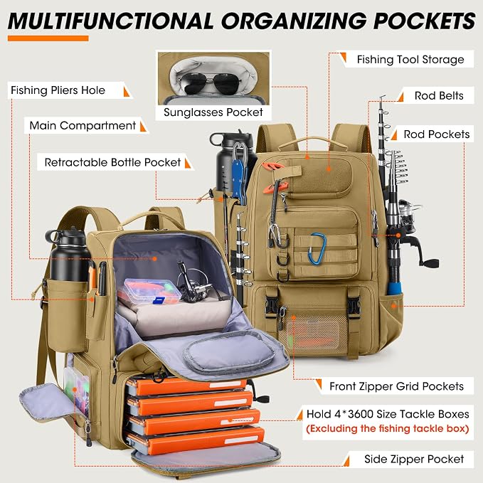RAINSMORE Fishing Backpack with Rod Holders & Cooler 40L Water Resistant Tackle Backpack with Rain Cover Store Fishing Gear