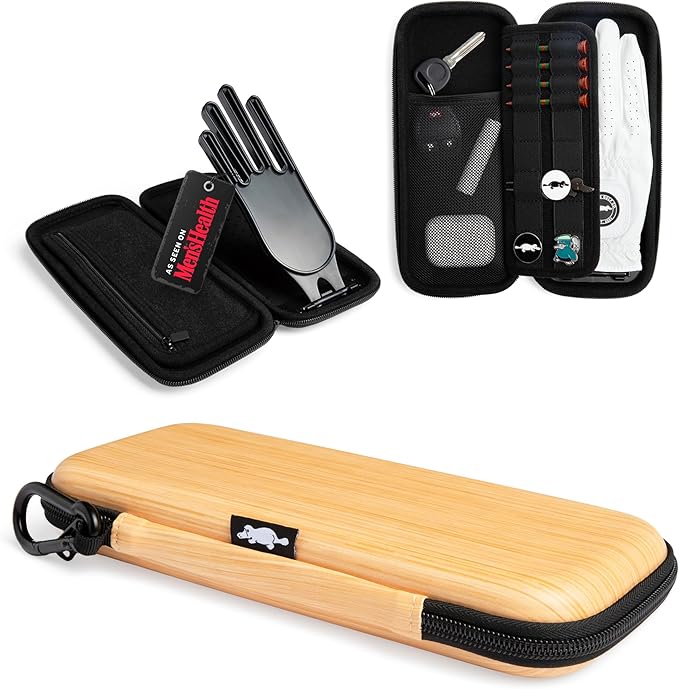 Platypus Golf Co. Golfing Caddie EVA Travel Case Organizer with Bamboo Tees & Ball Marker - Hand Reversible Hinging Glove Shaper & Holder, Mesh Pocket & Storage Slots, Golfers Cases for Men & Women