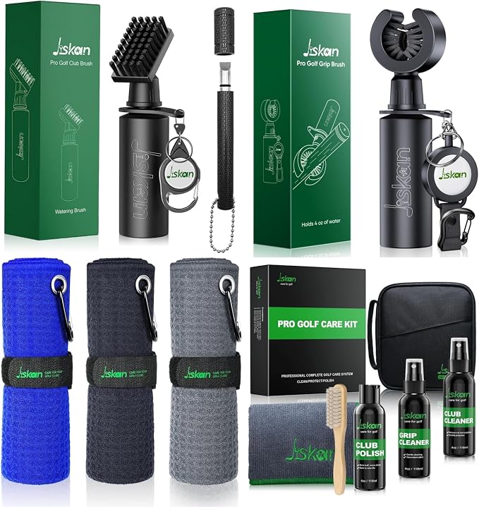 Jiskan Super Golf Clean and Maintenance Kit Includes Golf Club Brush, Club Groove Sharpener, Grip Brush, Golf Towel Set and Care Kit