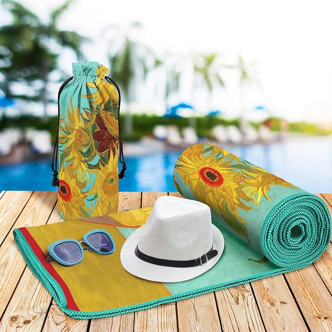 Large Oversized Microfiber Beach Towel - 40x63 Inches, Sand-Free, Quick-Drying, Ultra-Soft, Ideal for Travel, Pool, Yoga, and Camping - Includes Matching Drawstring Travel Pouch, van Gogh Sunflowers