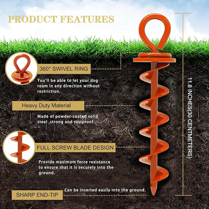 Eurmax USA 2-Pack Heavy Duty Dog Tie Out Stake, No-Tangle In Ground Anchor Runner for Large Dogs up to 210 Lbs - Perfect for Yard, Beach and Camping (Medium,Orange)