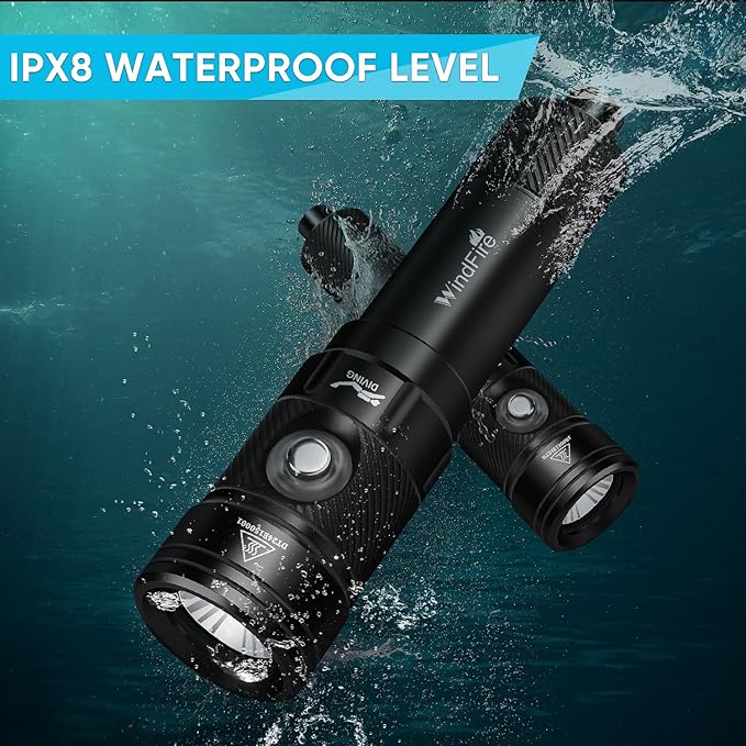 WindFire Dive Lights Scuba Diving Flashlight, IP68 Waterproof 262 ft Underwater Flashlight, Rechargeable Snorkeling Spotlight Torch with 4 Modes & Power Indicator for Night Diving, Caving