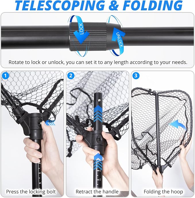 Long Collapsible Landing Net, Large Fishing Net with Telescoping Handle, Foldable, Extendable, Lightweight & Strong, Fish Net with Fish-Friendly Mesh for a Safe Release
