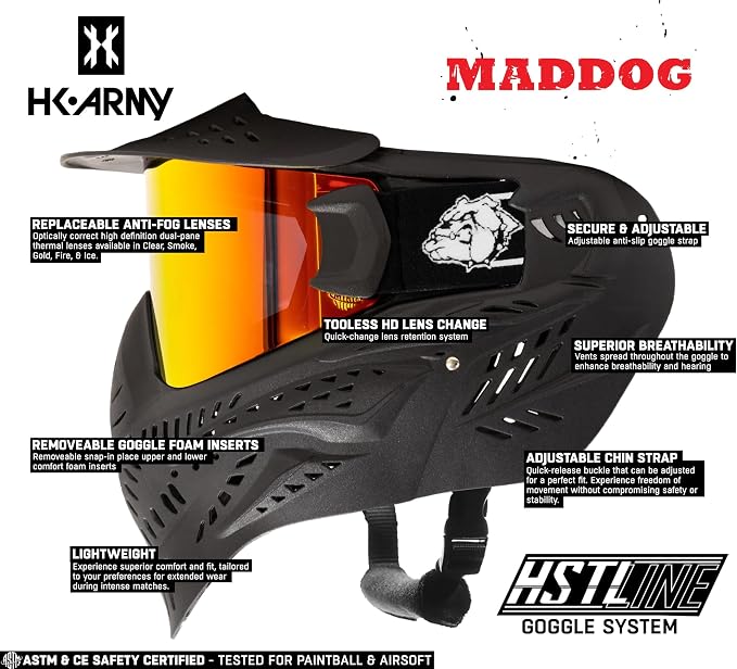 Maddog HK Army HSTL Paintball Airsoft Mask Goggle System | Replaceable Thermal Dual-Pane Anti Fog Lens | Adjustable Full-Face Safety Certified Protection