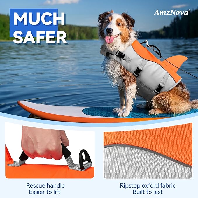 AMZNOVA Shark Dog Life Jacket + Rip Stop Dog Life Jacket, Durable Handle Reflective Buoyance
