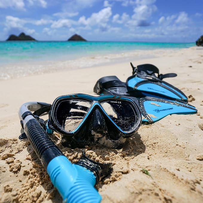 Seavenger Hanalei Anti-Fog 4-Piece Snorkeling Set with Soft-Flex Dry Snorkel, Adjustable Open-Heel Fins, Twin-Lens Mask, and Mesh Bag
