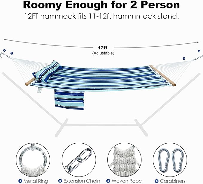 GAFETE Hammock 2 Person Quilted Fabric Hammocks for Outside, Double 12ft Hammocks with Spreader Bar, Large Removable Pillow, Storage Bag, Carabiners, Max 475 lbs Capacity (Catalina Beach)
