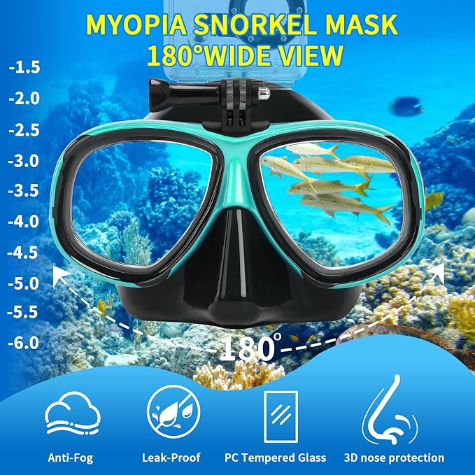 Snorkeling Gear for Adults Youth, Nearsighted Anti-Fog Diving Mask & Silicone Dry Snorkel for Scuba Diving Spearfishing Freediving