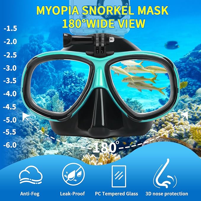 Nearsighted Snorkeling Gear for Adults Youth, Professional Shortsighted Full Dry Top Silicone Snorkel Set, Anti-Fog Diving Mask with Detachable Camera Mount for Scuba Diving, Spearfishing, Freediving