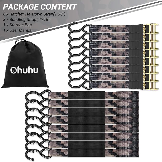 Ratchet Tie Down Strap 8-Pack 15 FT - 500 lbs Load Cap with 1500 lbs Breaking Strength Limit, Ohuhu Ratchet Tie Down Logistic Cargo Straps for Moving Appliances Cargo Motorcycle Lawn Equipment