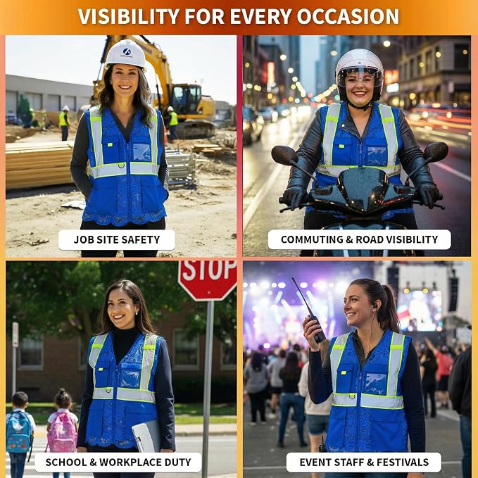 Lace-Mesh Safety Vest for Women & Men - Breathable, High Visibility Vest with Zipper & ANSI Class 2 Reflective Strips