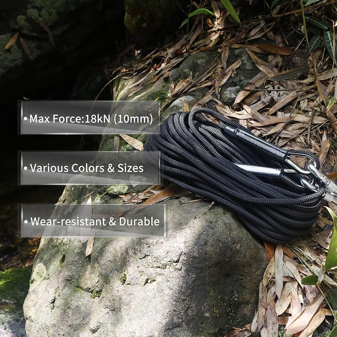 NewDoar Climbing Rope 8(5/16in),10mm (3/8in), High Strength Accessory Cord Rope with 2 Steel Hooks, for Outdoor Rescue Rappelling Rope Down Cliffs ledges Safety Escape Tow Strap Equipment(Black)