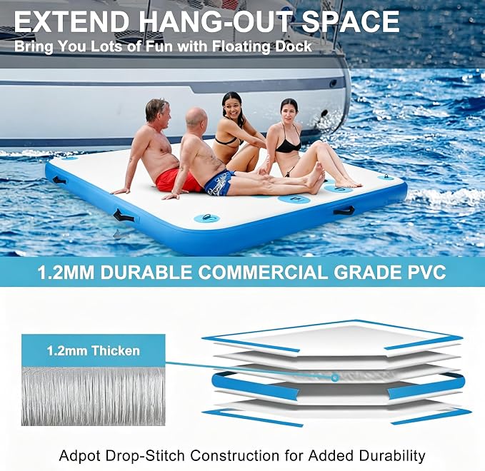 5ft/6ft/8ft/10ft Floating Dock Water Platform, Multi-People Inflatable Floating Mat, Dock Platform for Lake/Boats/Island/Swimming Pool