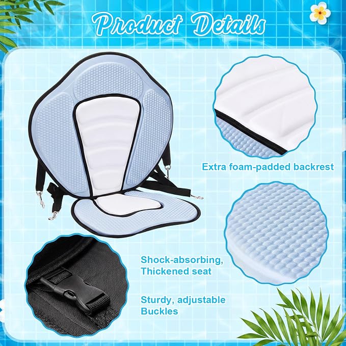 Vinsot Kayak Seat Cushion Universal Paddle Board Seat with Back Support Adjustable Non Slip Boat Chair Seats with 4 Straps and Storage Bag for Kayak Boat Sup Canoe