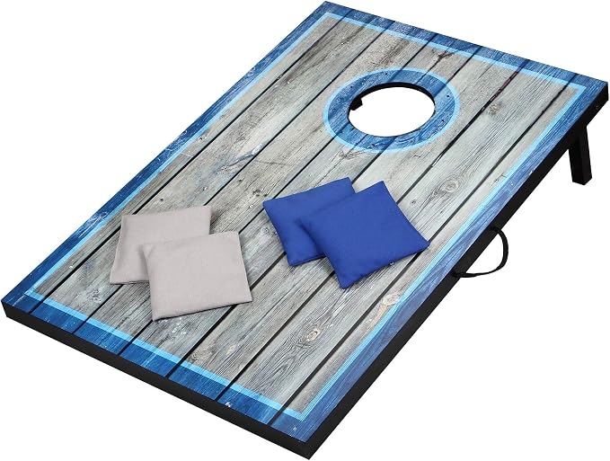 Hathaway Atlantic LED Cornhole Board Set – Includes 8 Rip-Resistant Bean Toss Bags & 2 Target Boards with Built-in Cornhole Lights & Nylon Carrying Bag for Portability – Blue/White