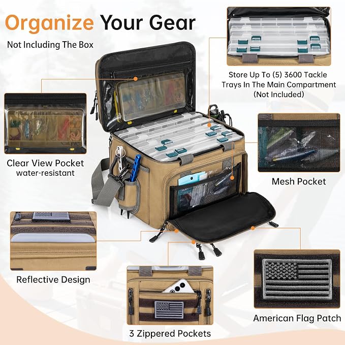 Fishing Tackle Bag - Holds 3400-3600 Size Tackle Boxes (Kahki) | Fit Saltwater & Freshwater & Night Fishing, Reflective Strip Design, Durable Material, Lagre Capacity, Padded Shoulder Strap