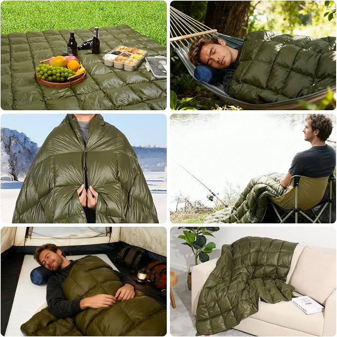Down Camping Blanket - Lightweight, Packable, Warm & Puffy Outdoor Travel Quilt for Sleep, Hiking, Backpacking, Stadium, Festivals, Water-Resistant Sleeping Bag 55"x79"