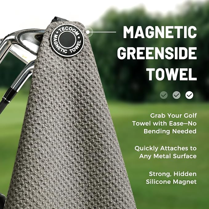 Tecoom Magnetic Golf Towel, Premium Ultra Absorbent Waffle Microfiber, Double-Stitched Edging, Strong Magnet for Golf Carts, Bags and Clubs, 18"x18" Portable Golf Accessories, Gift for Men Women
