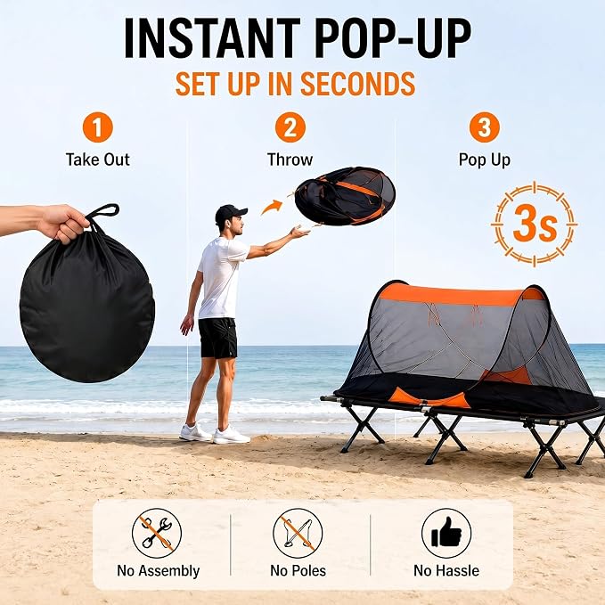 2 Pack Pop up Mosquito Tent for Camping 1 Person Instant Setup Foldable Bug Net Cot Tent with Ground Pin Portable Waterproof Screen Net for Cot Bed Hiking Summer Beach Outdoor