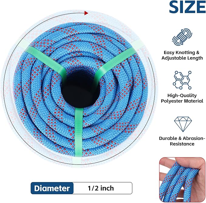 Arborist Climbing Rope (1/2in X 100ft) 48 Strands Polyester for Pulling Swing Climbing