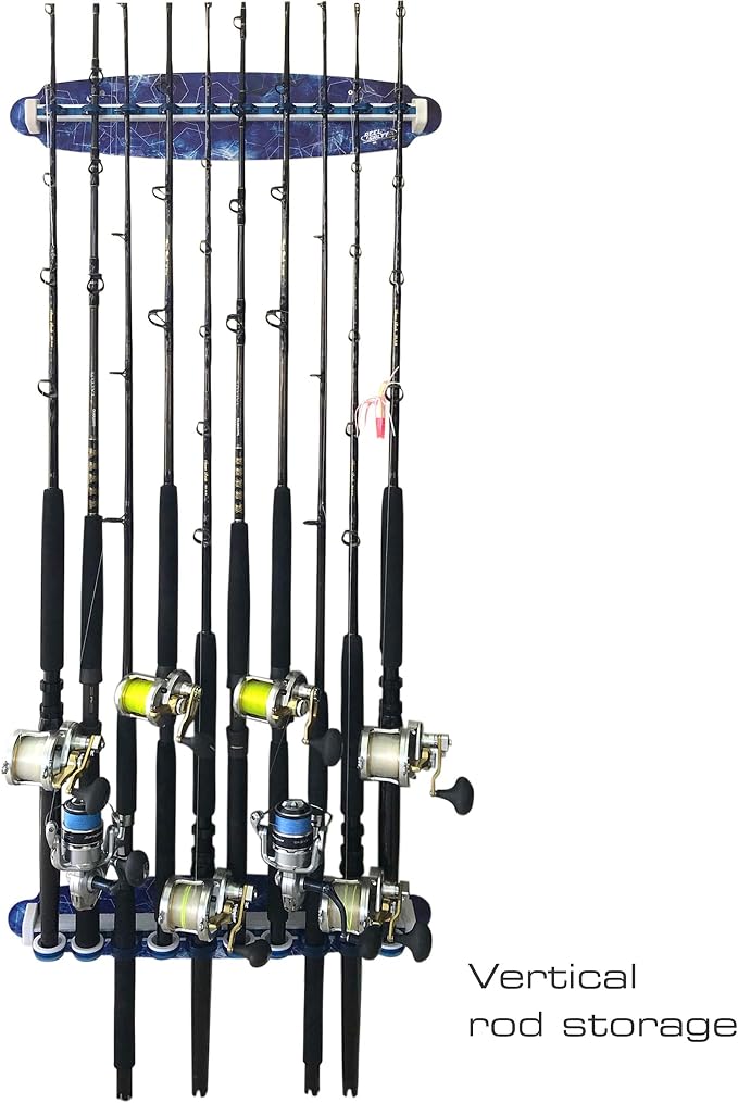 Rush Creek Creations Reel Salty Waterproof Offshore/Inshore Fishing Rod Holder for 10 Saltwater Fishing Poles + Fishing Gear & Fishing Accessories Perfect for Garage Organization & Wall Storage