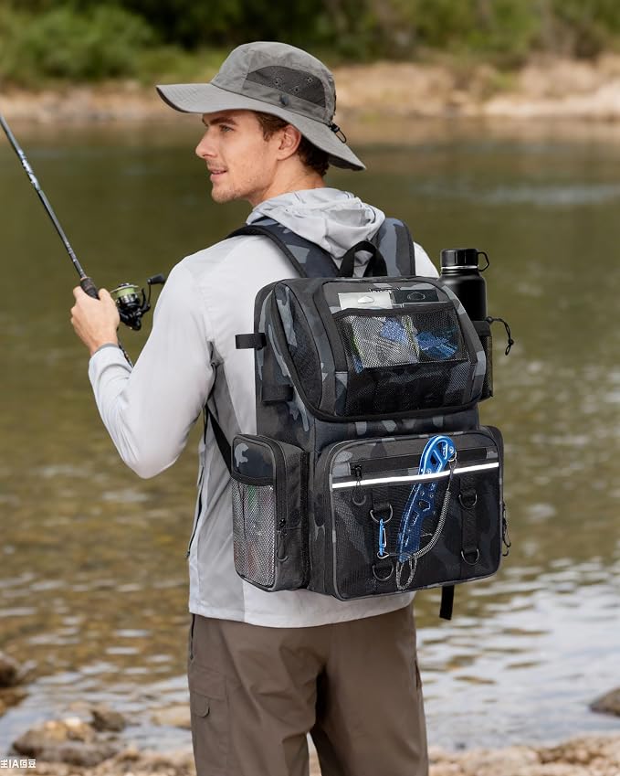 Fishing Backpack, Large Water Resistant Tackle Bag Storage Fishing Gear and Equipment, Built-in Cooler Compartment Khaki