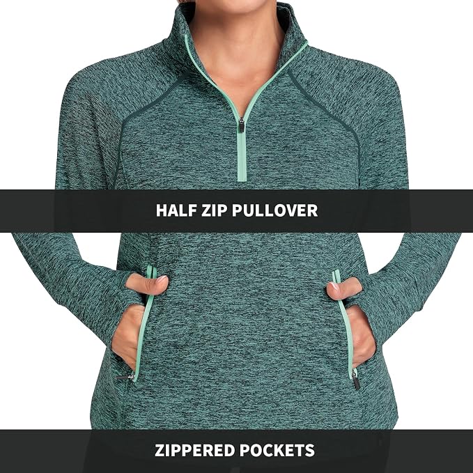 Soneven Women's Thermal Fleece Running Shirts Warm Winter Pullover Cold Weather Workout Hiking Tops with Thumb Holes Pockets