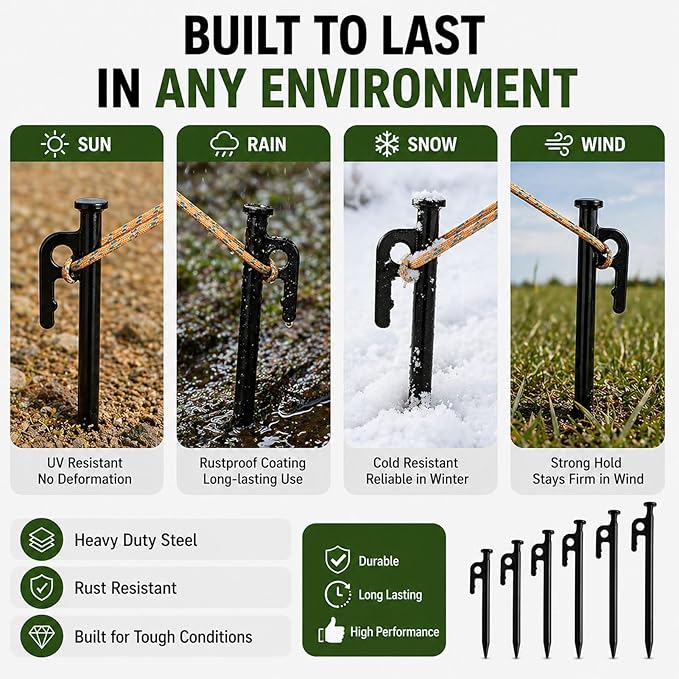 SORIEA 14 Inch Tent Stakes for Hard Ground, Heavy Duty Steel Stakes for Camping, Outdoor Shelter, Durable Ground Anchors 2 Pack Black