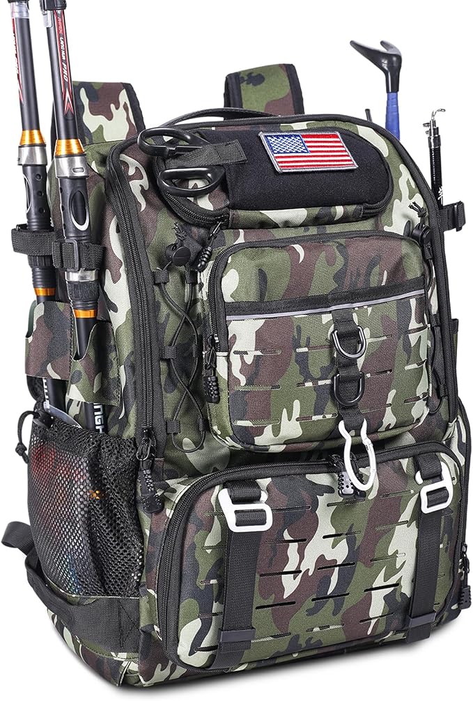 Bagenerous 39L Fishing Tackle Backpack with Rod Holders & Cooler,Water-resistant Fishing Gear Storage Bag with Protective Rain Cover,Camouflage