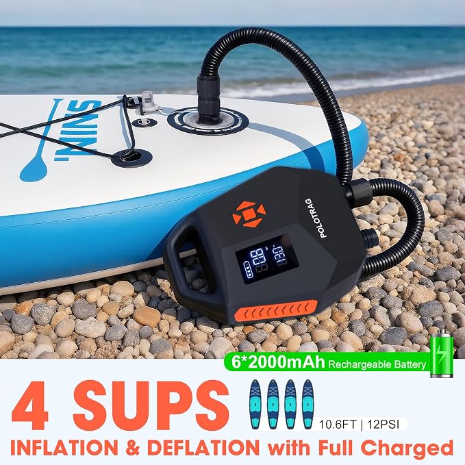 Electric Paddle Board Pump Rechargeable, 20PSI SUP Pump 12000mAh Paddleboard Pump with Inflation & Deflation, Auto-Off, Portable Air Pump for Inflatables, Kayak and Air Mattress