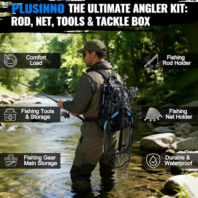PLUSINNO Fishing Backpack with Fishing Floating Net, Fishing Gear, Tackle Boxes,Waterproof Fishing Tackle Bag, Fishing Gifts for Men