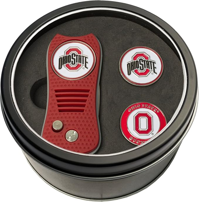 Team Golf NCAA Gift Set Switchblade Divot Tool with 3 Double-Sided Magnetic Ball Markers, Patented Single Prong Design, Causes Less Damage to Greens, Switchblade Mechanism