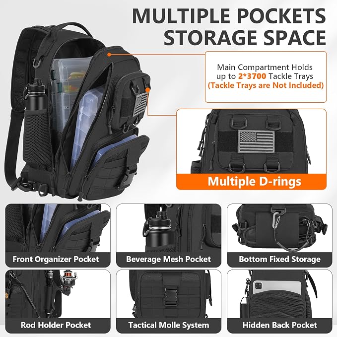 GMAK Fishing Backpack Tackle Sling Bag, Large Tactical Fishing Tackle Backpack with Rod & Gear Holder, Lightweight Outdoor Water-Resistant Tackle Gear Pack Shoulder Bags for Men Women, Black