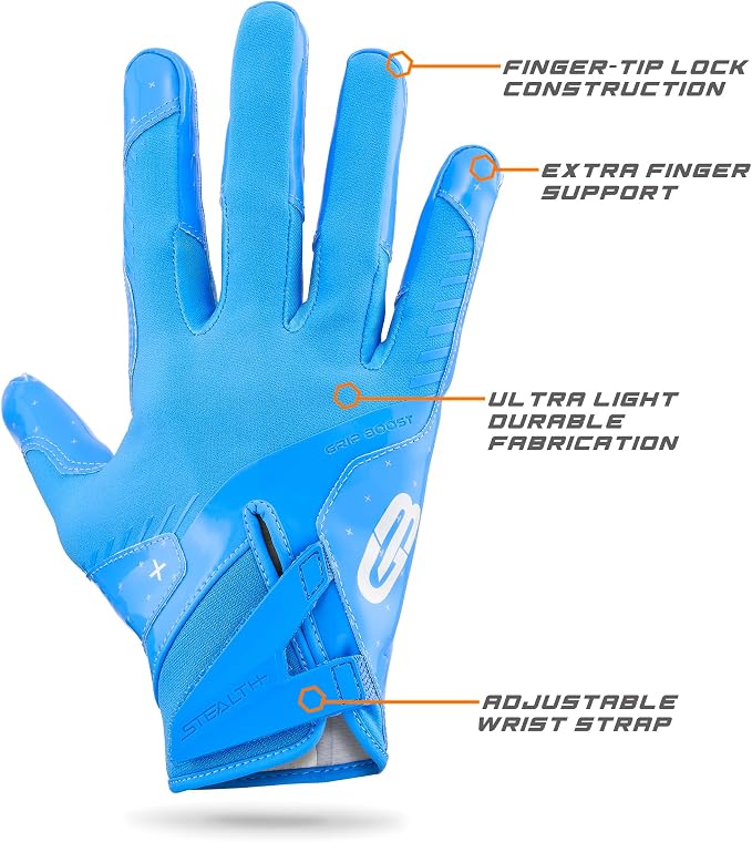 Grip Boost Football Gloves - Solid Stealth 6.0 Boost Plus Sticky Technology - Adult and Youth Football Gloves for Wide Receiver - Men's and Boys Sizes